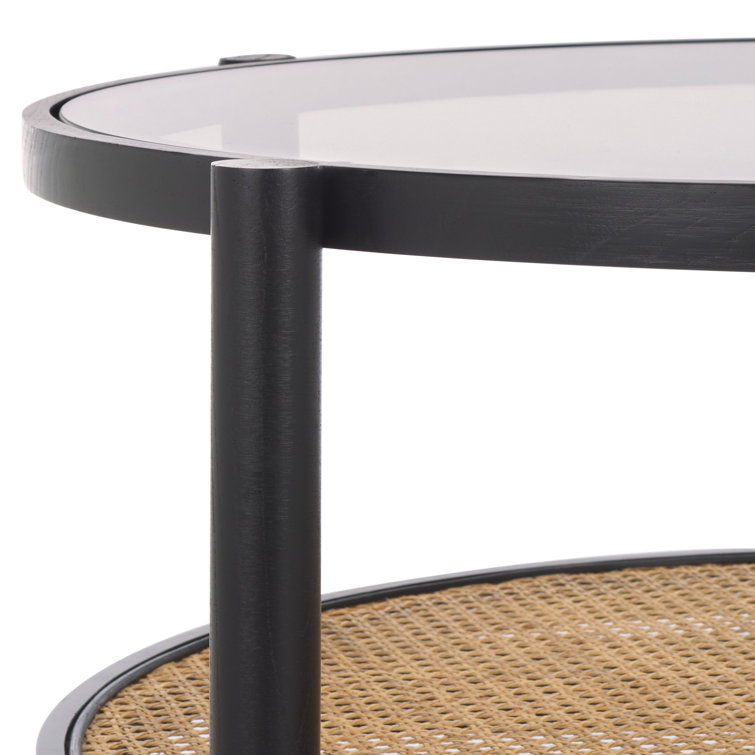 Karyna Black and Natural Elm Wood Rattan Glass Coffee Table with Storage