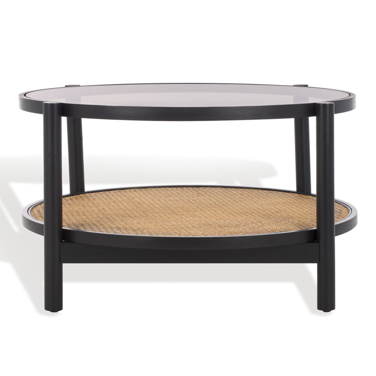Karyna Black and Natural Elm Wood Rattan Glass Coffee Table with Storage