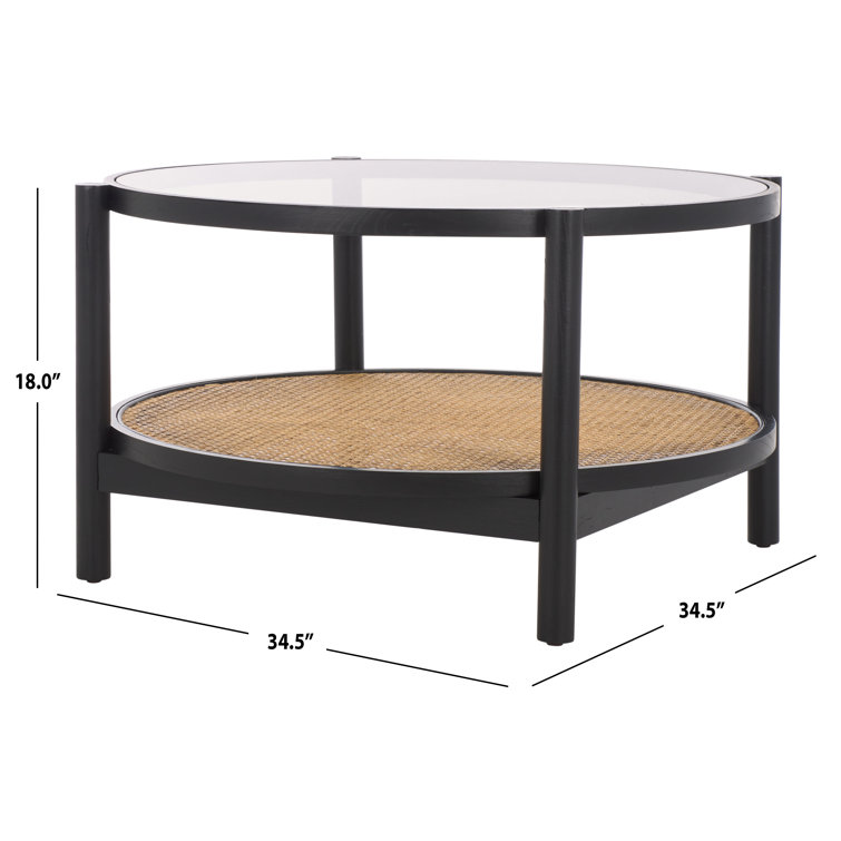 Karyna Black and Natural Elm Wood Rattan Glass Coffee Table with Storage