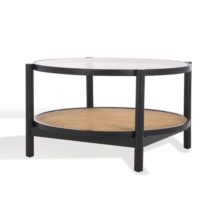 Karyna Black and Natural Elm Wood Rattan Glass Coffee Table with Storage