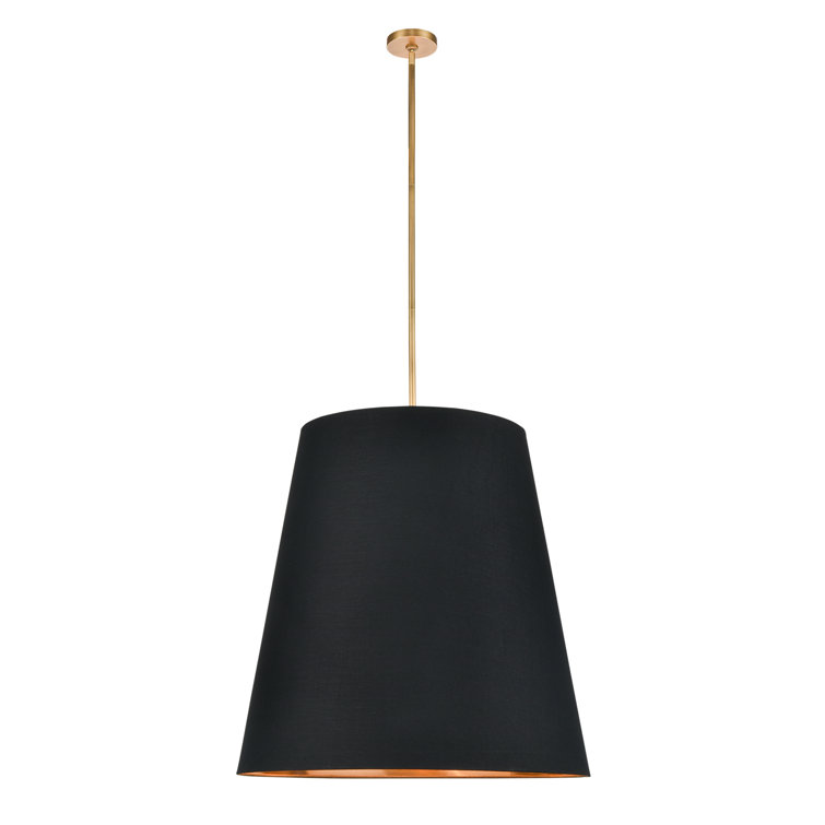 Gold and Black Steel Drum Pendant Light with Linen Shade