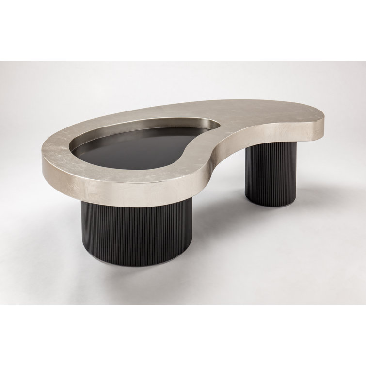 Silverleaf and Black Ribbed Base Kidney-Shaped Coffee Table