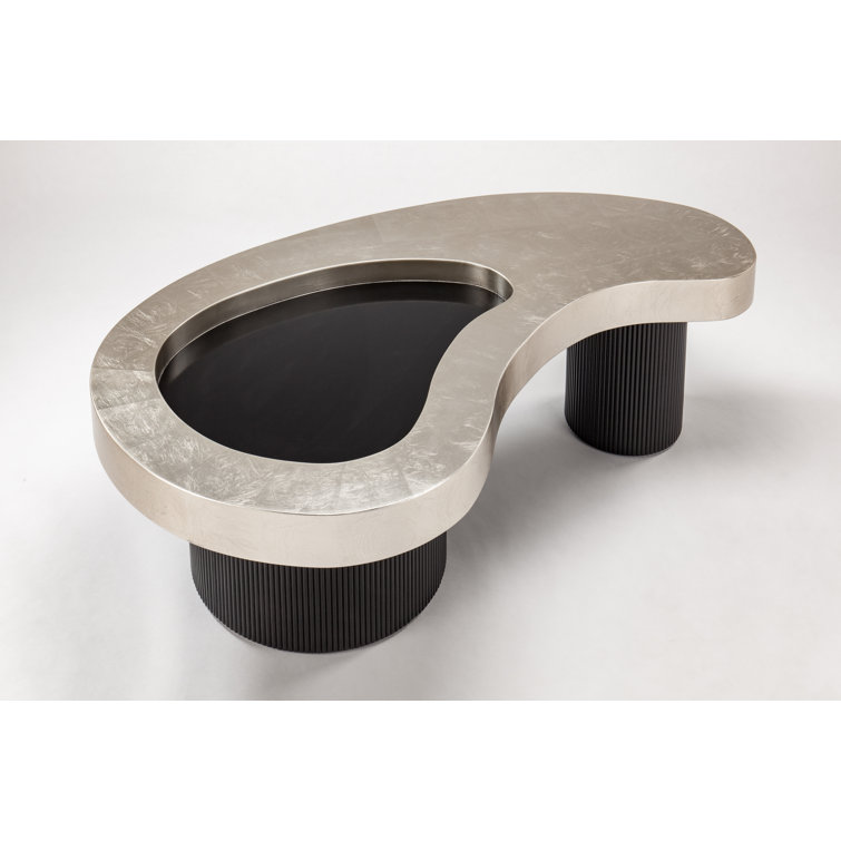 Silverleaf and Black Ribbed Base Kidney-Shaped Coffee Table