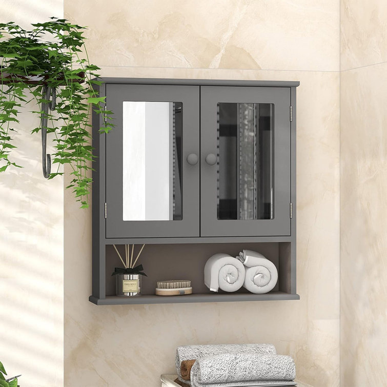 Gray MDF Wall Mounted Medicine Cabinet with Mirror and Adjustable Shelves