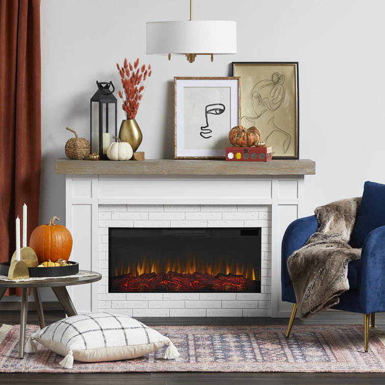 Cravenhall 64" White Faux Brick Electric Fireplace with Rustic Mantel