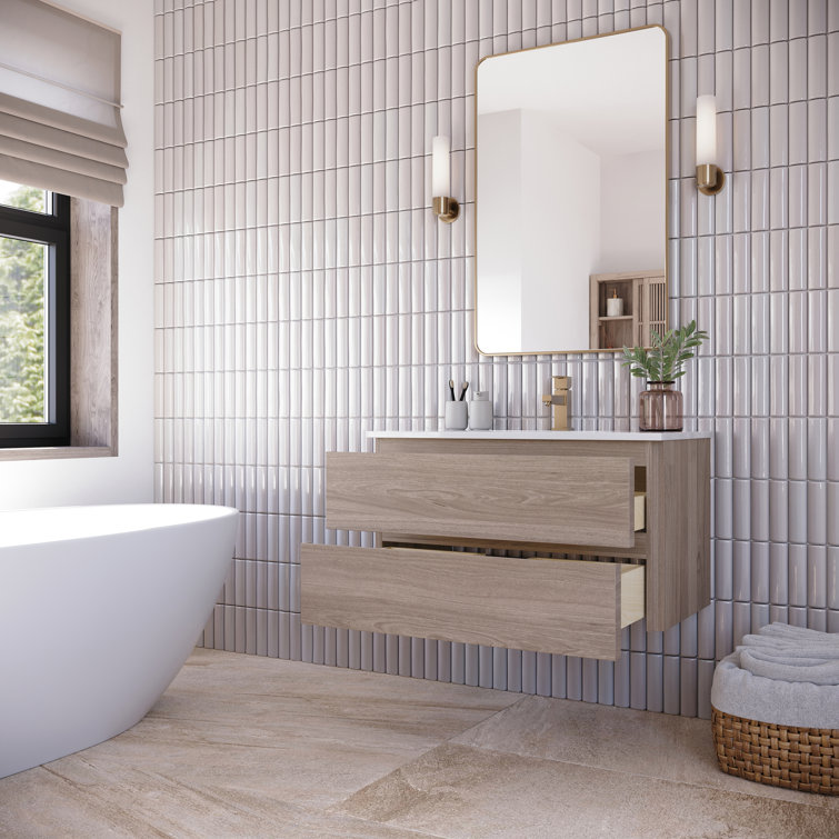 Vanilla Oak 35" Wall-Mount Floating Single Vanity Base
