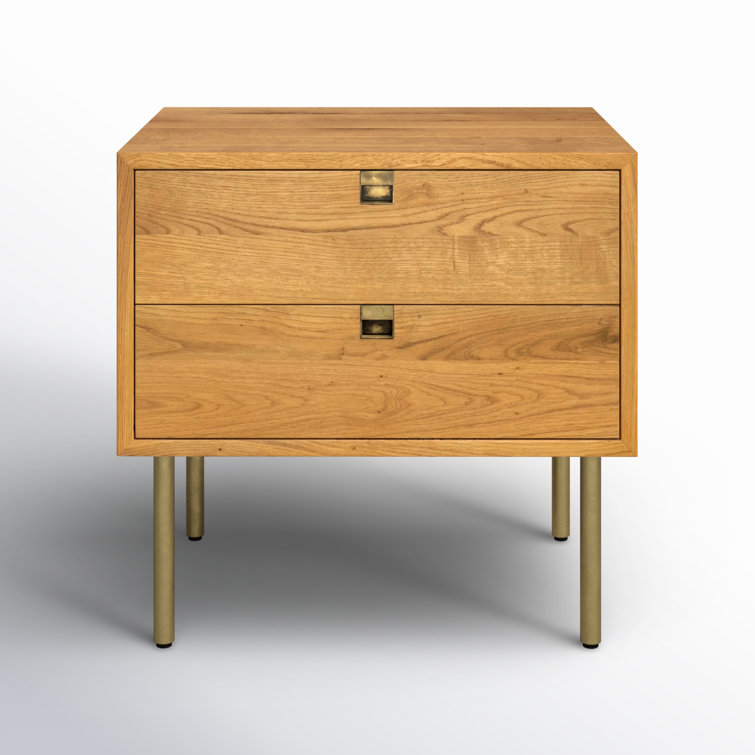Natural Oak 2-Drawer Nightstand with Brass Hardware