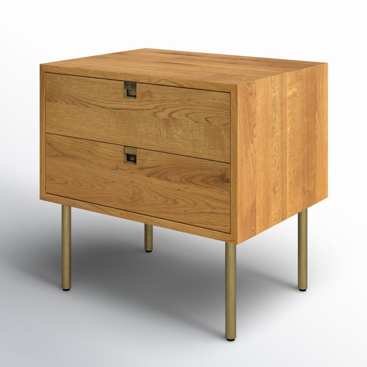 Natural Oak 2-Drawer Nightstand with Brass Hardware