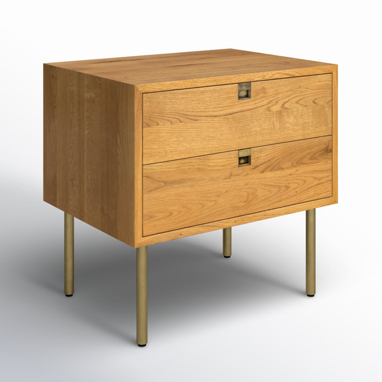 Natural Oak 2-Drawer Nightstand with Brass Hardware