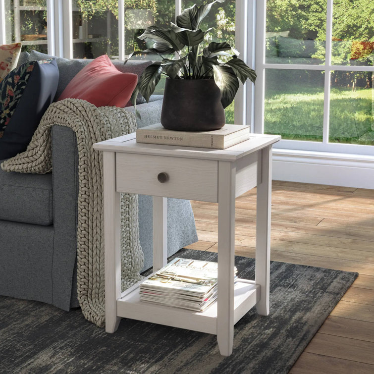 Brushed White Solid Wood End Table with Storage Drawer