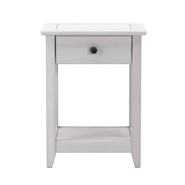Brushed White Solid Wood End Table with Storage Drawer