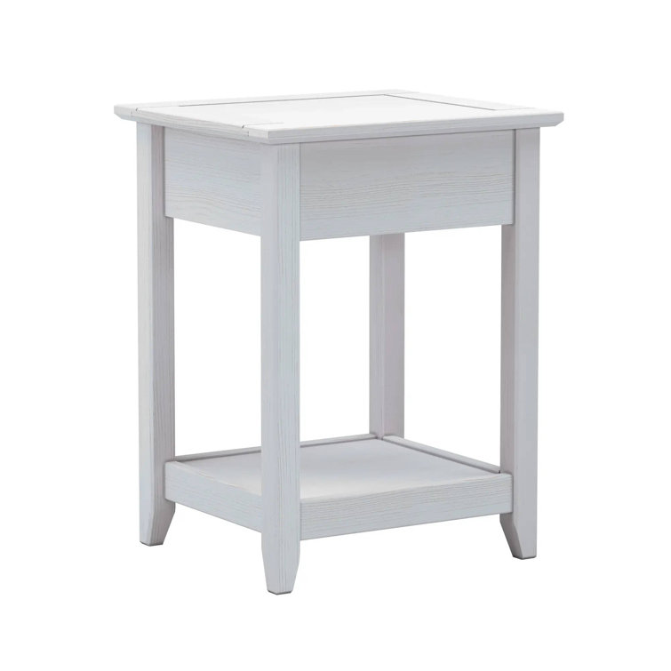 Brushed White Solid Wood End Table with Storage Drawer