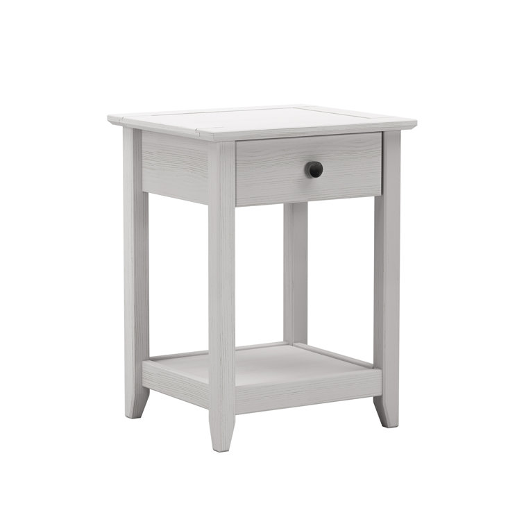 Brushed White Solid Wood End Table with Storage Drawer