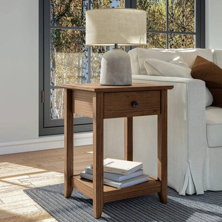 Brushed Walnut Solid Wood End Table with Storage Drawer