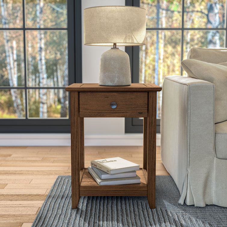 Brushed Walnut Solid Wood End Table with Storage Drawer