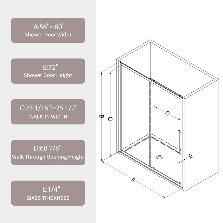 60" x 72" Chrome Tempered Glass Sliding Shower Door