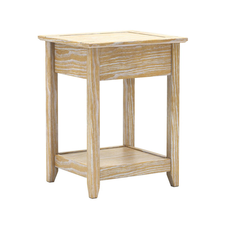 Brushed Driftwood Solid Wood End Table with Storage Drawer