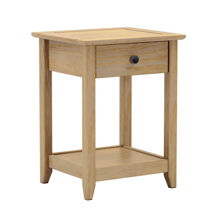 Brushed Driftwood Solid Wood End Table with Storage Drawer