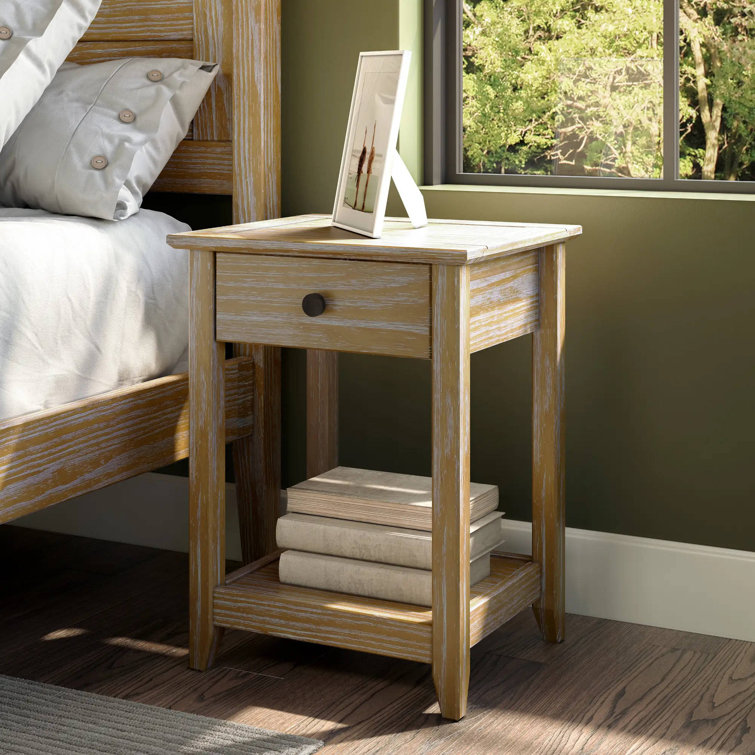 Brushed Driftwood Solid Wood End Table with Storage Drawer