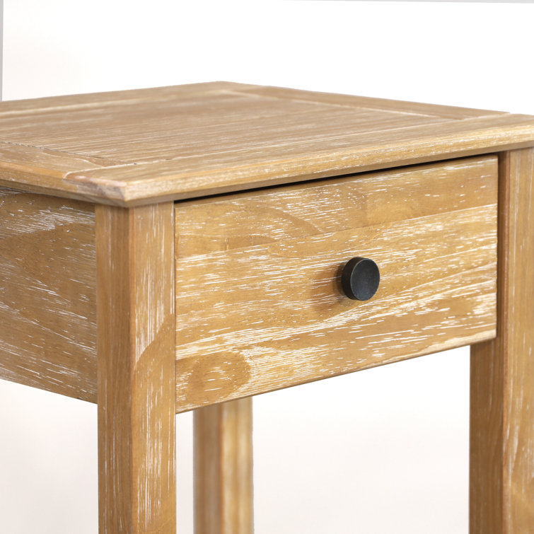 Brushed Driftwood Solid Wood End Table with Storage Drawer