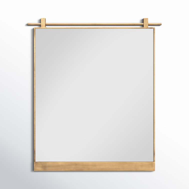 Antique Brass Rectangular Bathroom Mirror with Wood Accents