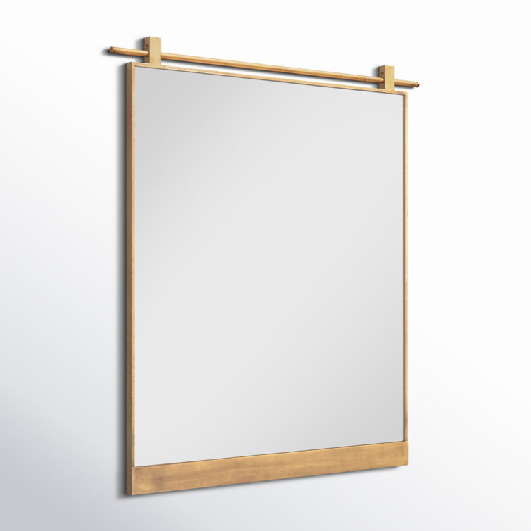 Antique Brass Rectangular Bathroom Mirror with Wood Accents