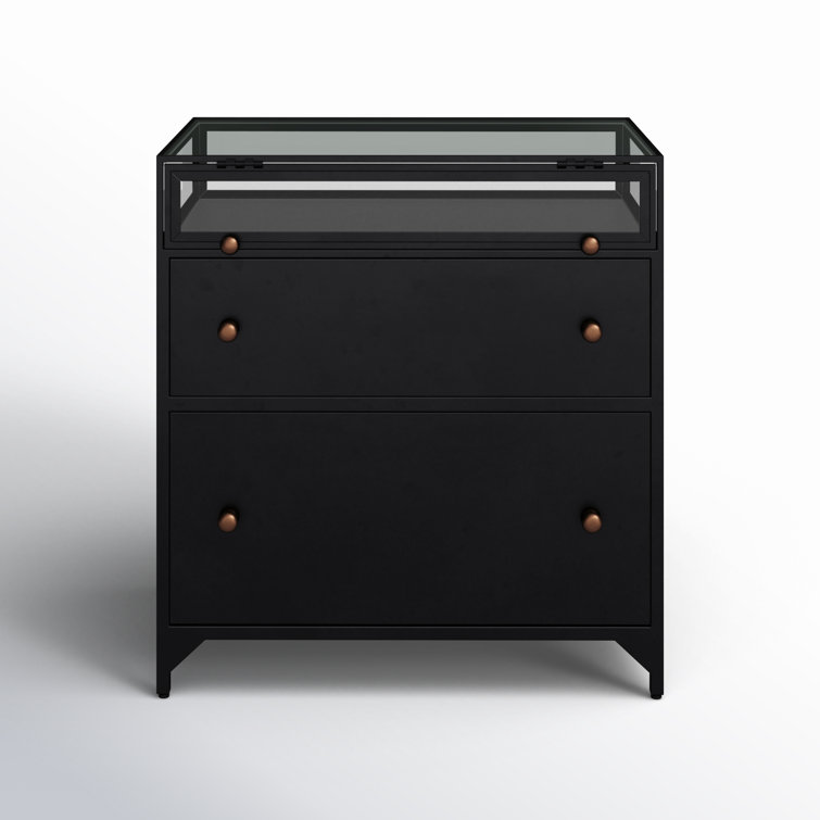 Belmont Matte Black Iron 2-Drawer Nightstand with Glass Enclosure