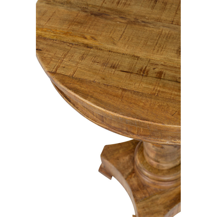 Natural Brown Mango Wood Round End Table with Carved Pedestal Base
