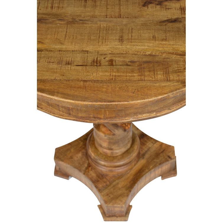 Natural Brown Mango Wood Round End Table with Carved Pedestal Base