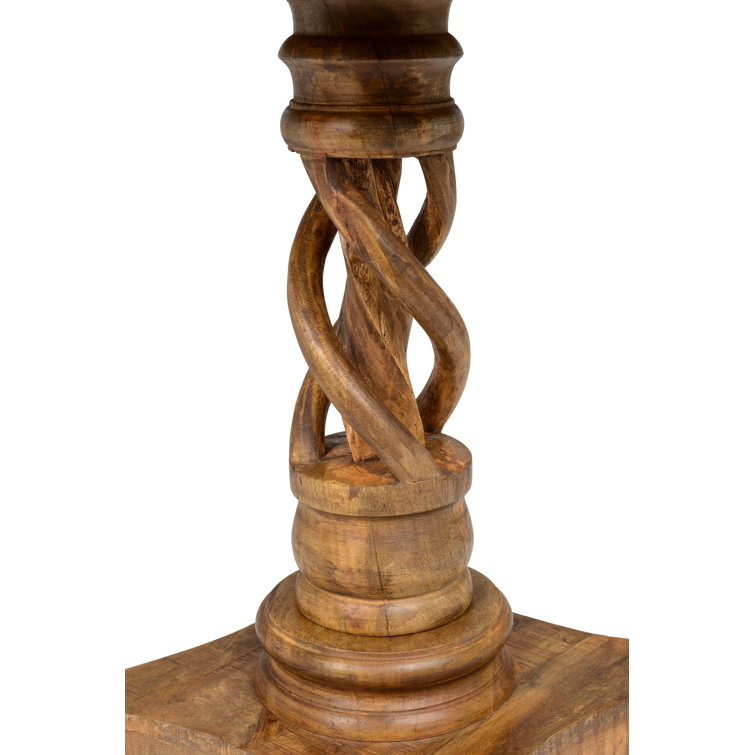 Natural Brown Mango Wood Round End Table with Carved Pedestal Base