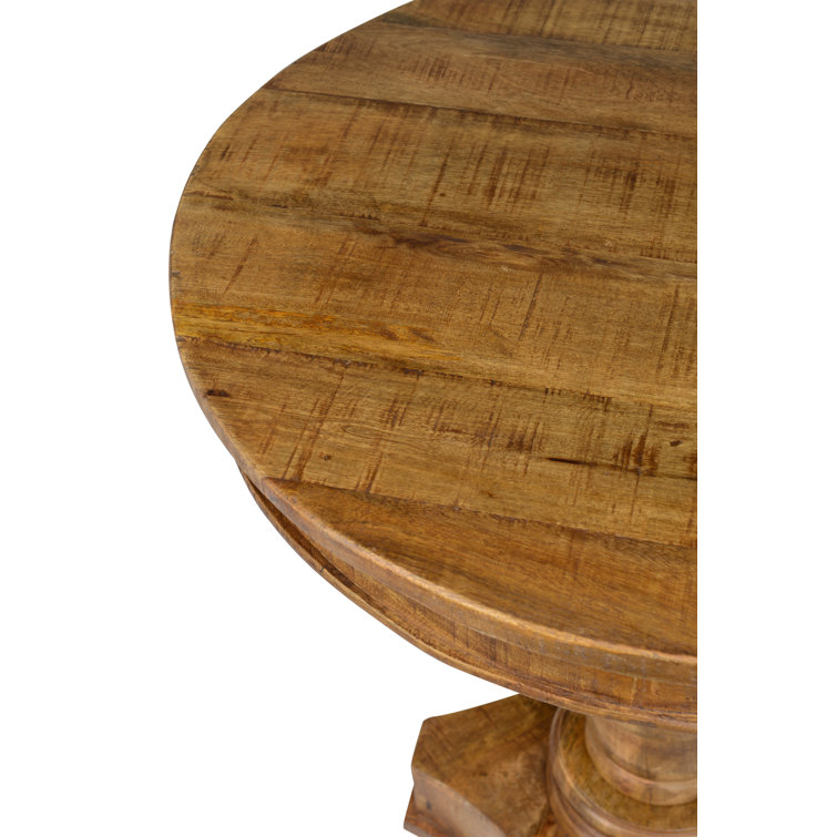 Natural Brown Mango Wood Round End Table with Carved Pedestal Base
