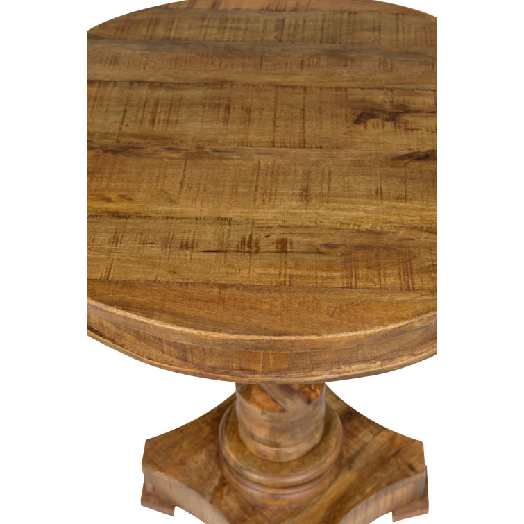 Natural Brown Mango Wood Round End Table with Carved Pedestal Base