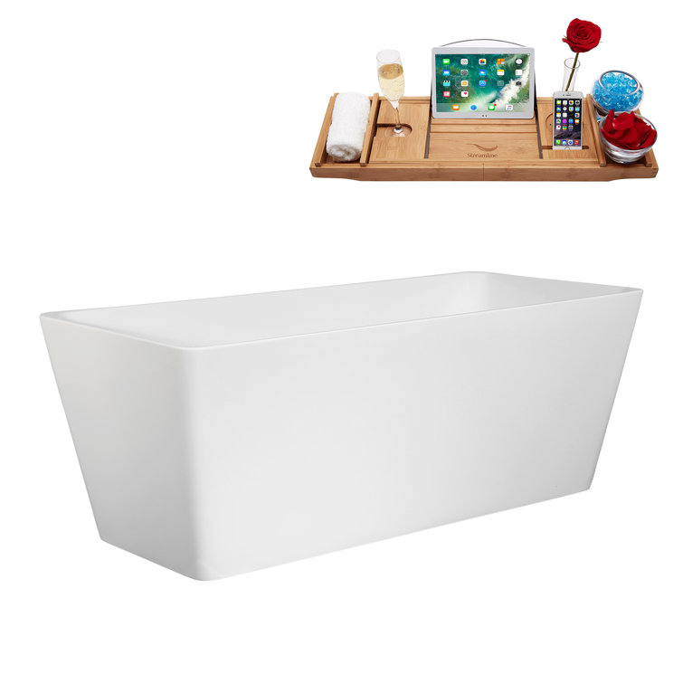 59" Glossy White Acrylic Freestanding Soaking Bathtub with Bamboo Tray