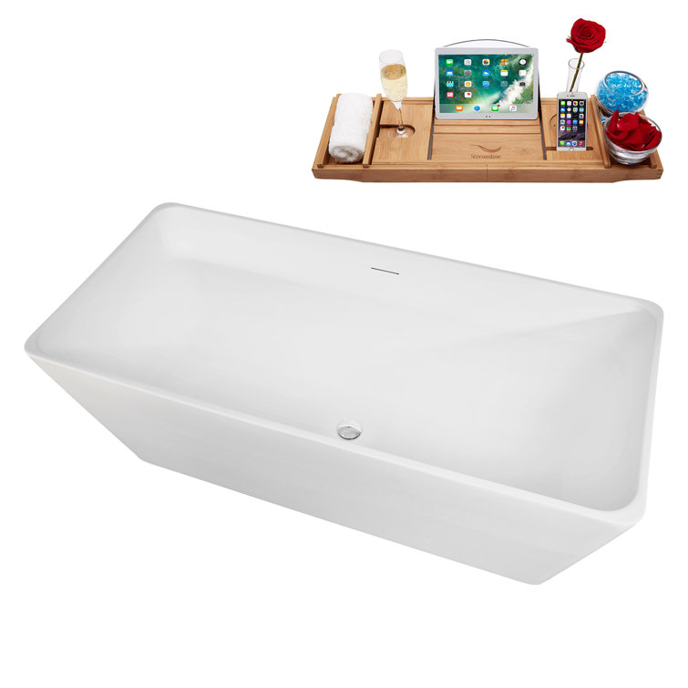59" Glossy White Acrylic Freestanding Soaking Bathtub with Bamboo Tray