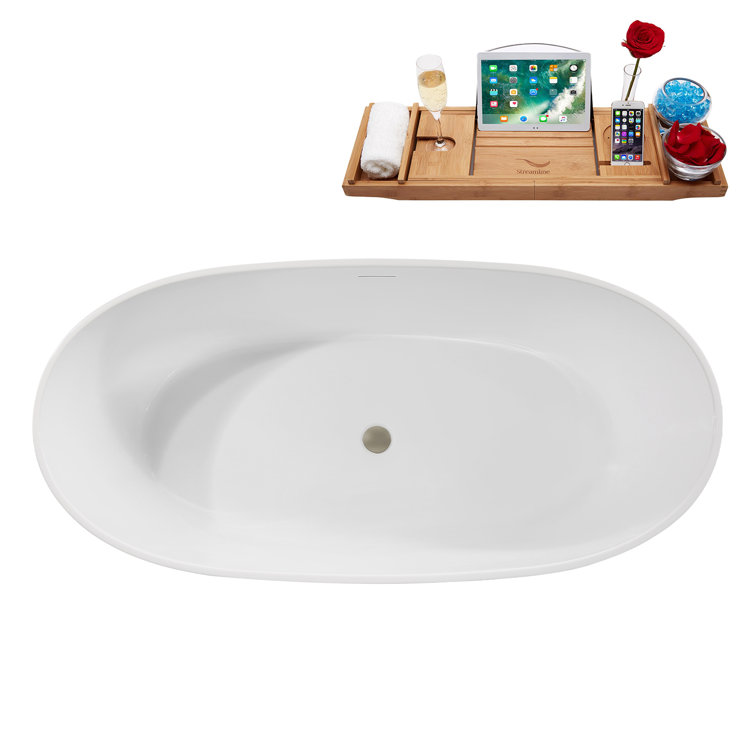 59" Glossy White Acrylic Freestanding Soaking Bathtub with Bamboo Tray