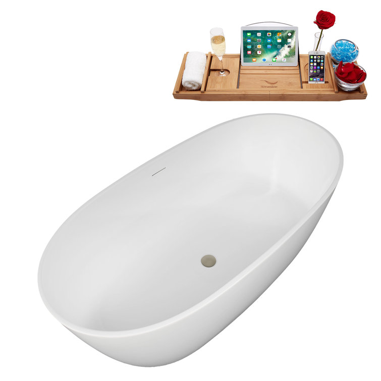 59" Glossy White Acrylic Freestanding Soaking Bathtub with Bamboo Tray