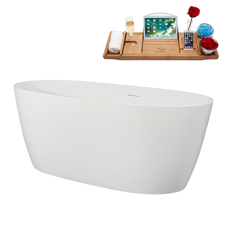 59" Glossy White Acrylic Freestanding Soaking Bathtub with Bamboo Tray