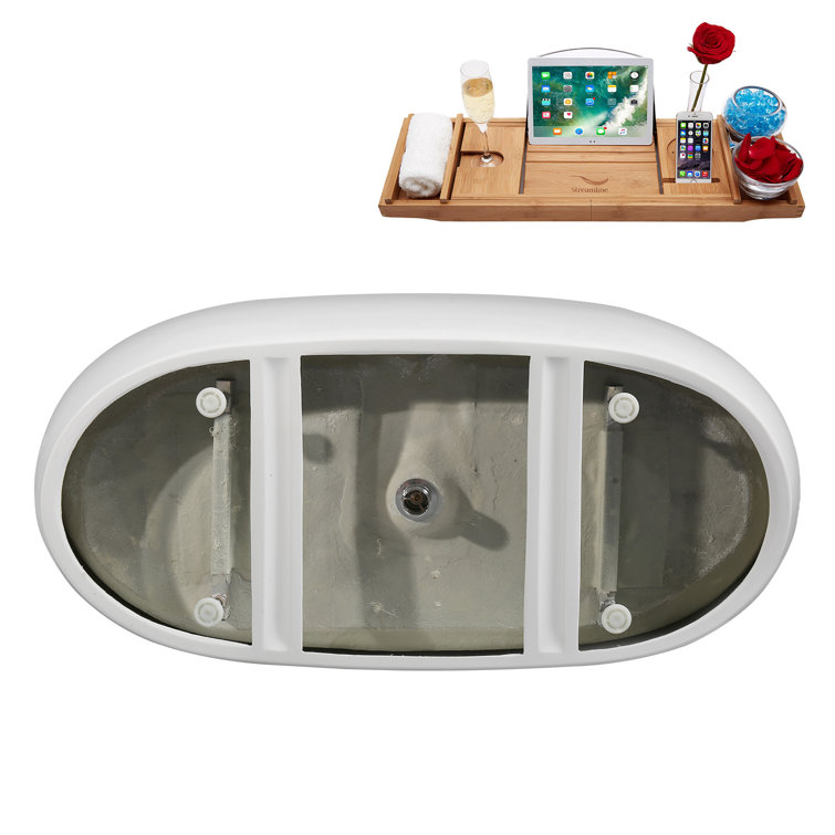 59" Glossy White Acrylic Freestanding Soaking Bathtub with Bamboo Tray