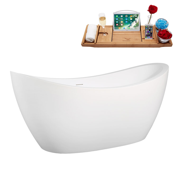 67" Glossy White Acrylic Freestanding Double Slipper Tub with Bamboo Tray