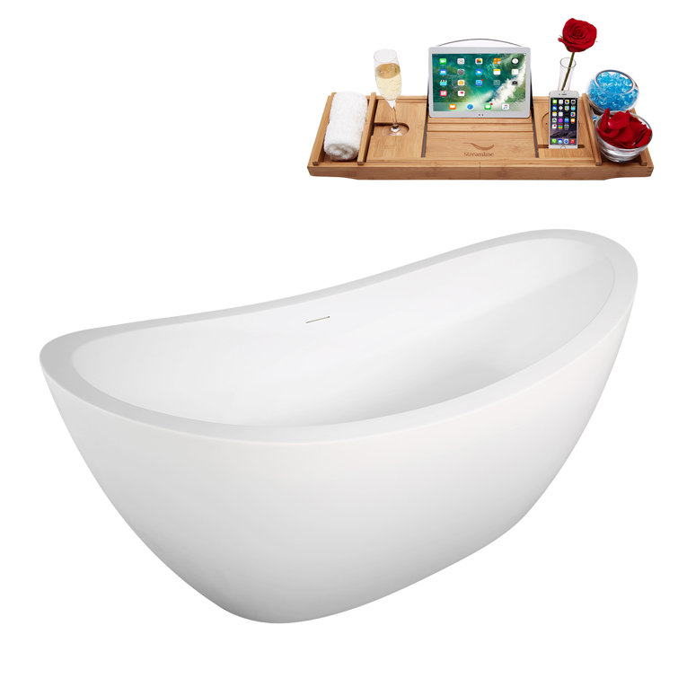 67" Glossy White Acrylic Freestanding Double Slipper Tub with Bamboo Tray