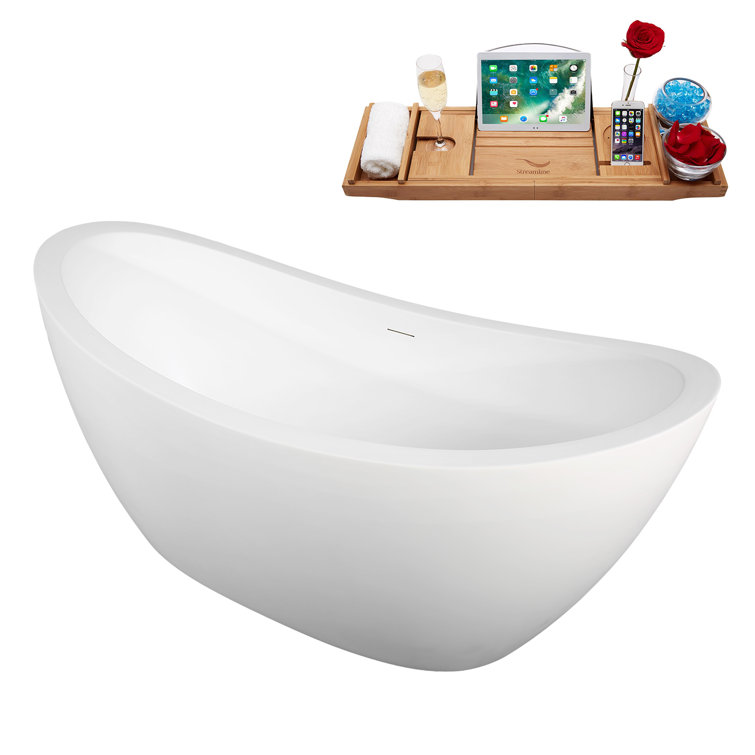 67" Glossy White Acrylic Freestanding Double Slipper Tub with Bamboo Tray