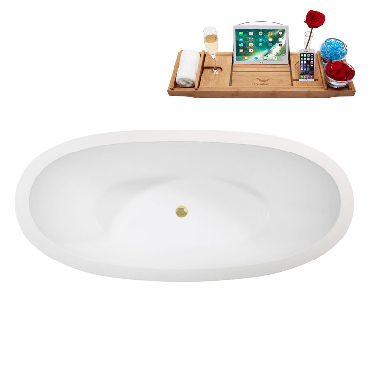 67" Glossy White Acrylic Freestanding Double Slipper Tub with Bamboo Tray