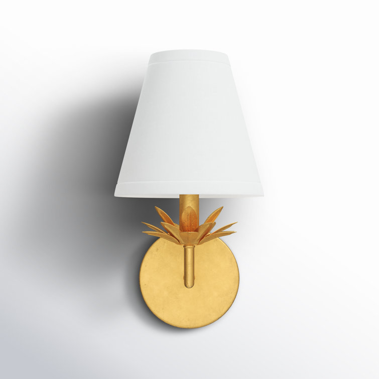 True Gold Floral Bobeche Wall Sconce with White Linen Shade
