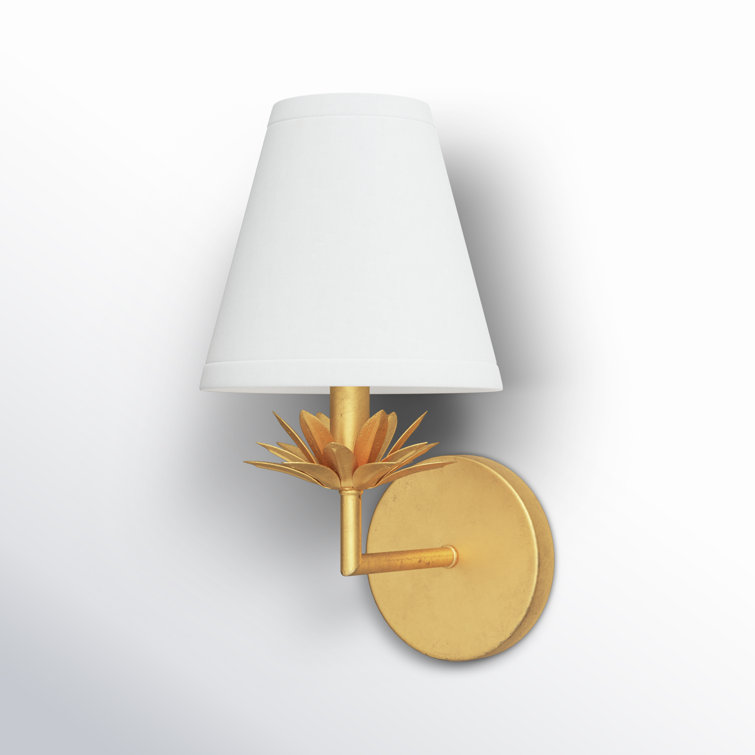 True Gold Floral Bobeche Wall Sconce with White Linen Shade