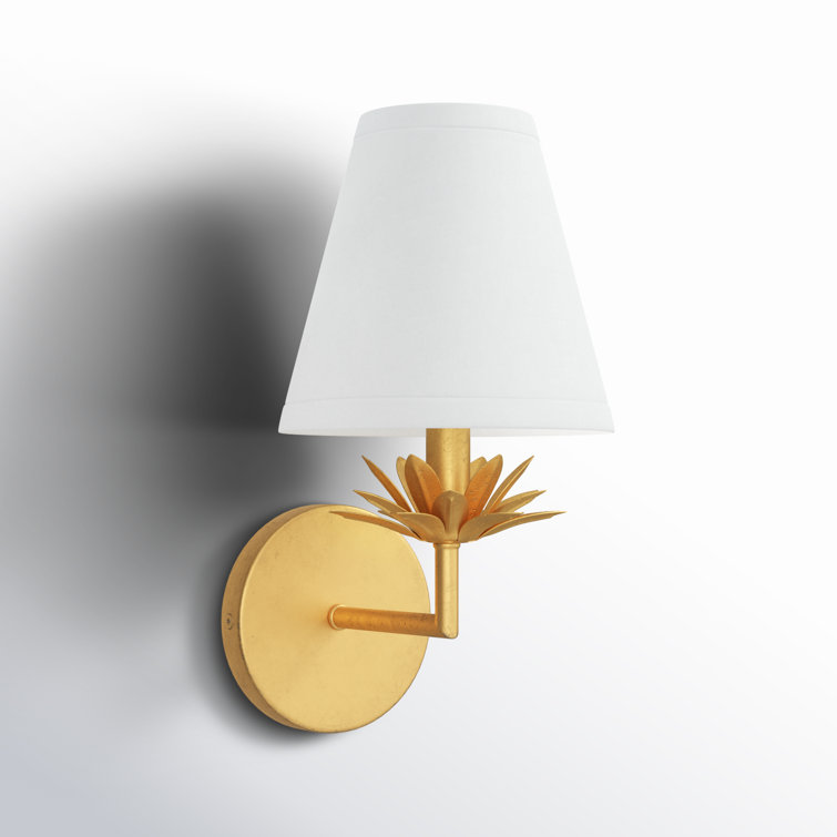 True Gold Floral Bobeche Wall Sconce with White Linen Shade