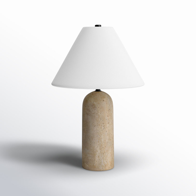 Large Travertine Table Lamp with White Linen Shade