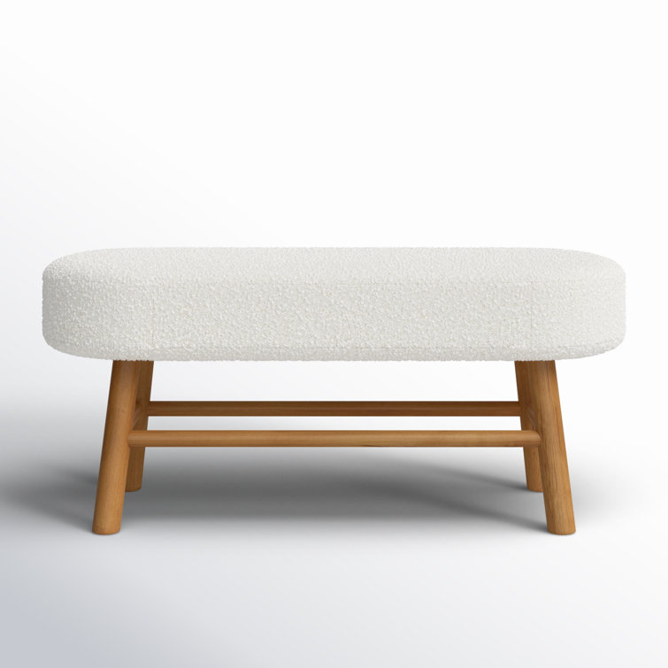 Ivory White Boucle Upholstered Bedroom Bench with Natural Wood Legs
