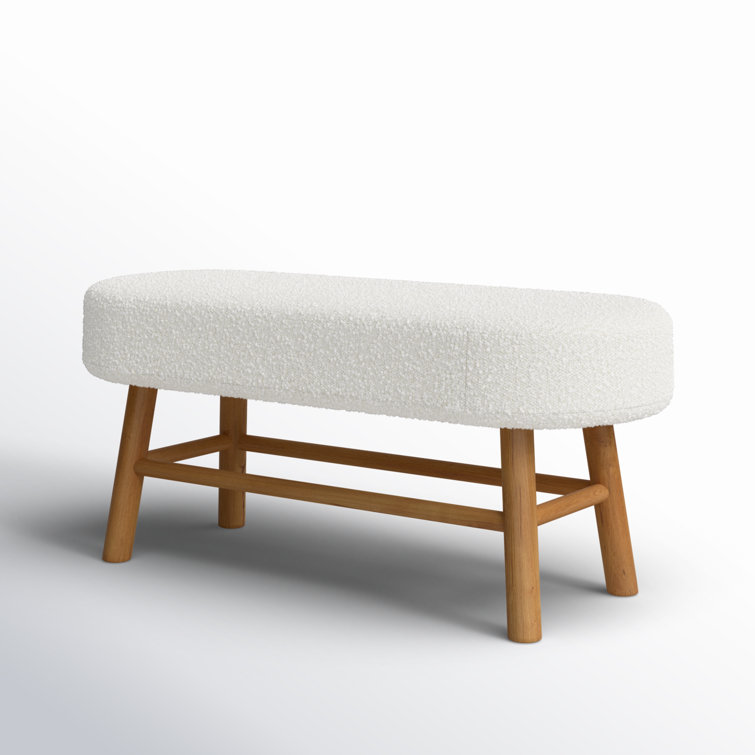 Ivory White Boucle Upholstered Bedroom Bench with Natural Wood Legs