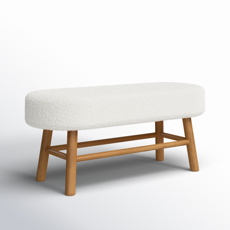 Ivory White Boucle Upholstered Bedroom Bench with Natural Wood Legs