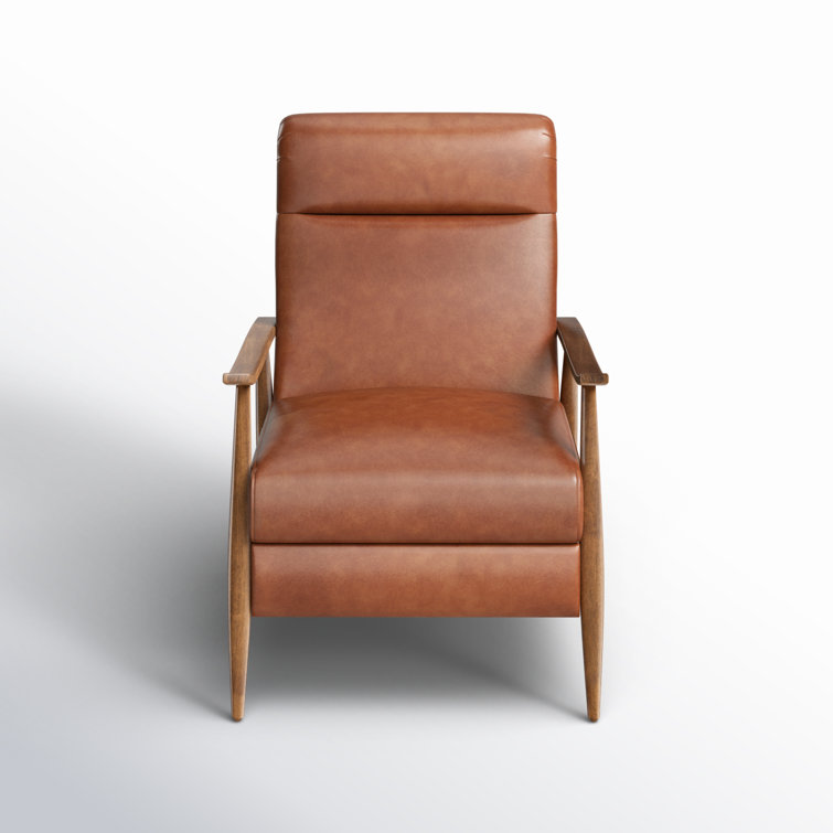 Caramel Mid-Century Modern Faux Leather Recliner with Wooden Arms